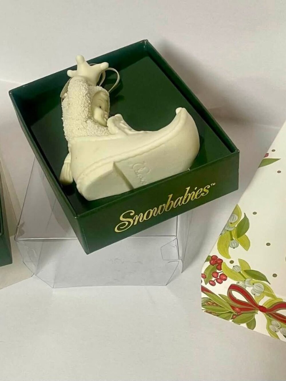 set of 3 snowbabies figurines new in open boxes~ baby rattle~white ceramic